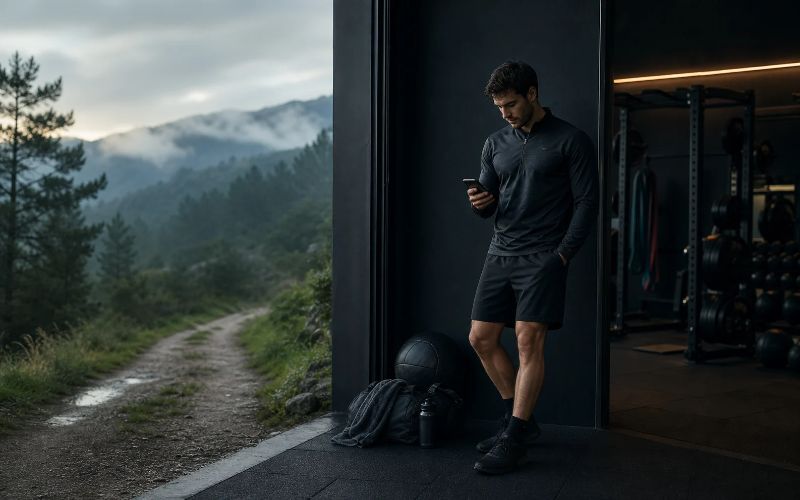 Atleta a consultar o telemóvel entre um espaço de treino e um trilho de montanha